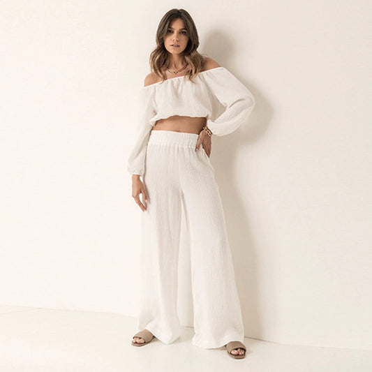 Crepe Cotton Long Sleeve Short Breathable Trousers Two-piece Set