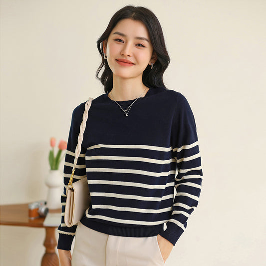 Women's Fashionable Round Neck Striped Cotton Sweater 100% Cotton